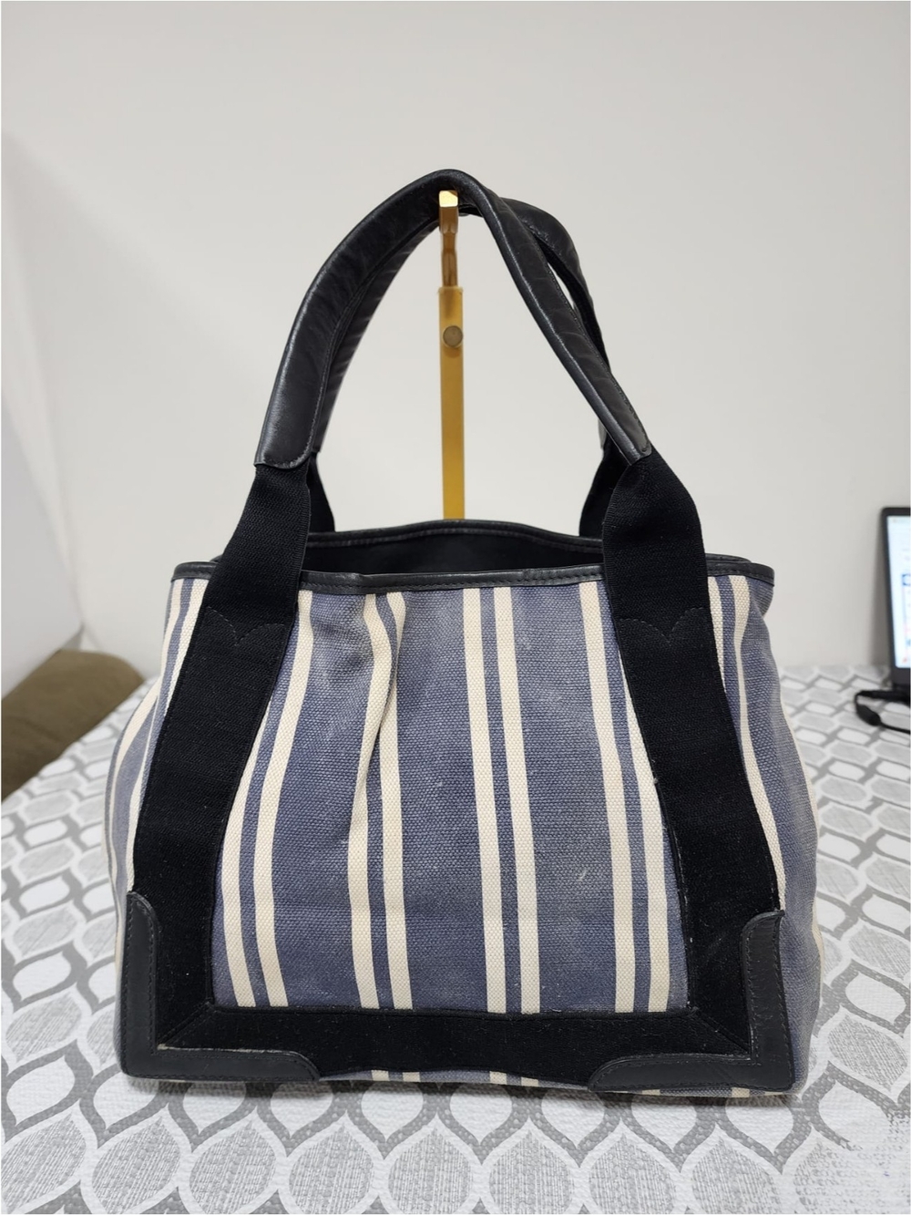 Balenciaga Canvas Striped Navy Cabas S Tote Bag Navy Blue/White/Black - Picture 3 of 12